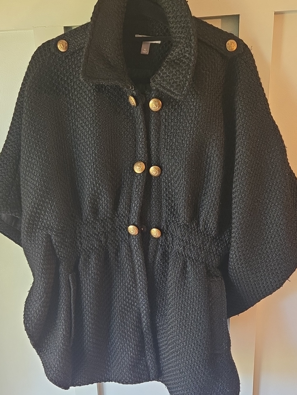 Roz & Ali Black Knit Button-Front Poncho with Gold-Tone Buttons